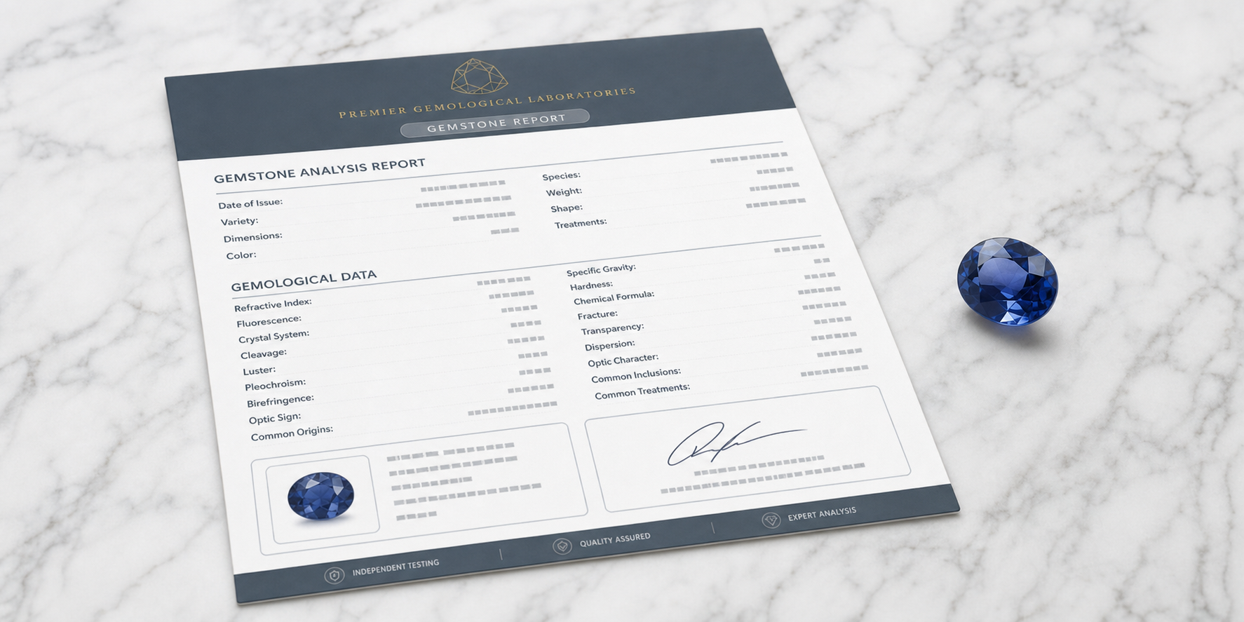 Illustrative gemstone laboratory report with a blue sapphire