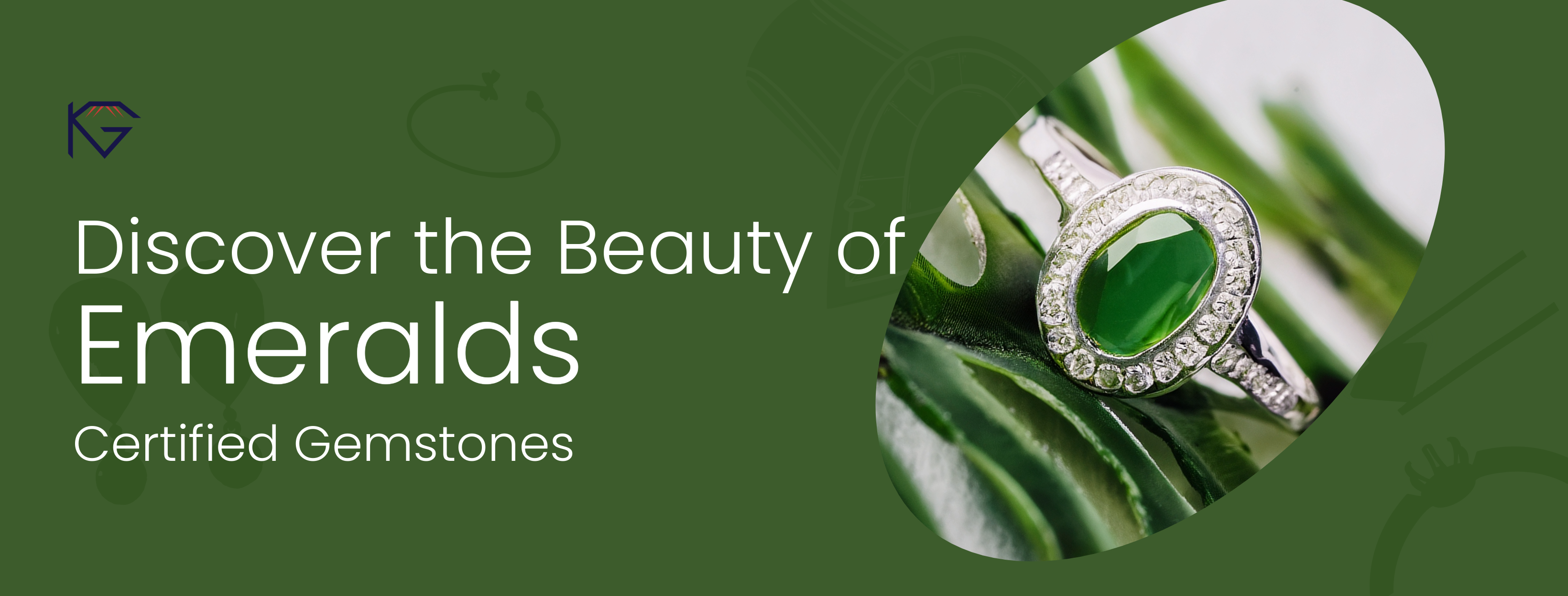 Advertisement for emeralds with a ring on a green leaf background by KhyatiGems on www.khyatigems.com