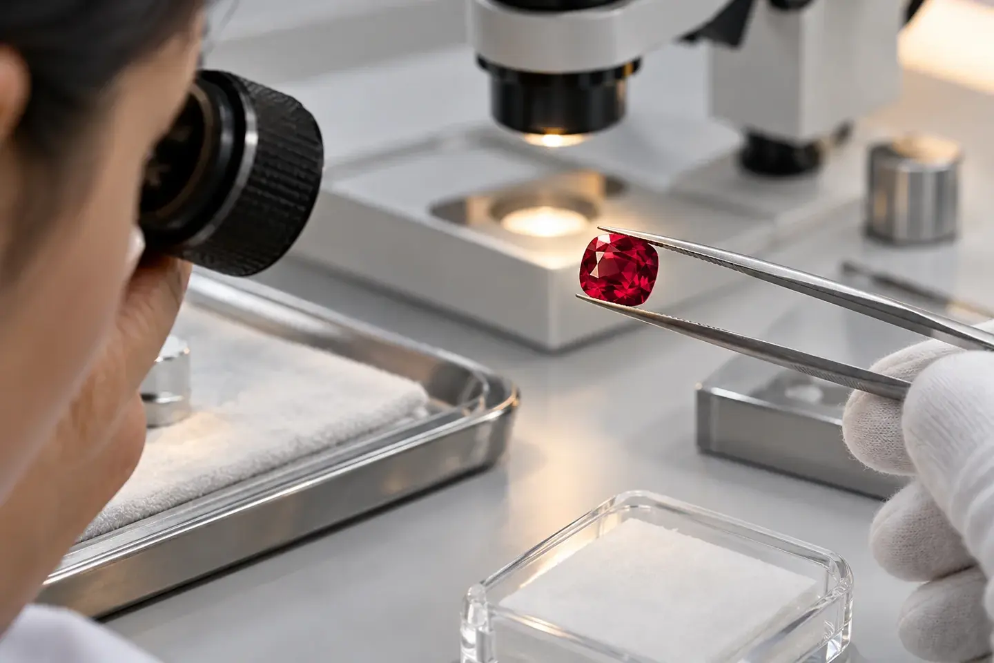Gemstone examination tools in an illustrative KhyatiGems brand scene